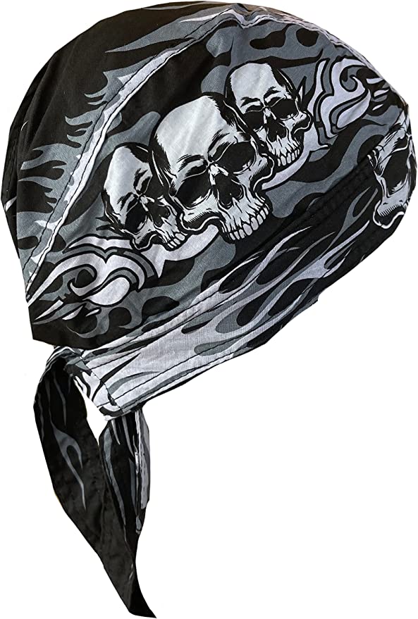 Danbanna Black & Grey 3 Skull Flame Bandana Skull Cap