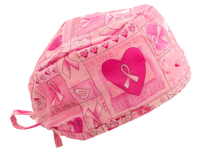Big Hair Bouffant Pink Ribbon Breast Cancer Awareness Hearts & Flowers Scrub Cap