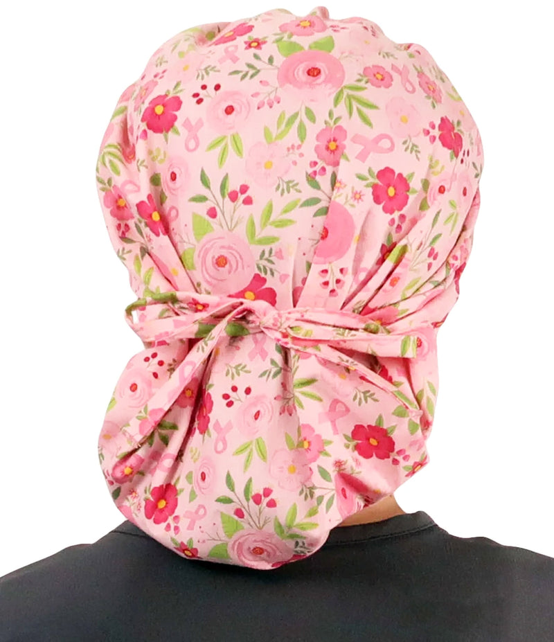 Banded Bouffant Pink Ribbon Breast Cancer Awareness Floral Scrub Cap