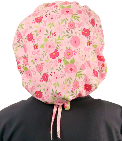 Banded Bouffant Pink Ribbon Breast Cancer Awareness Floral Scrub Cap