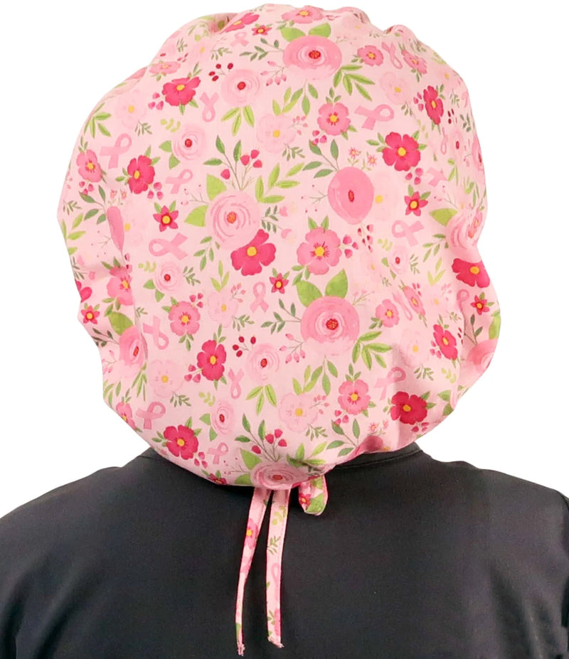 Banded Bouffant Pink Ribbon Breast Cancer Awareness Floral Scrub Cap