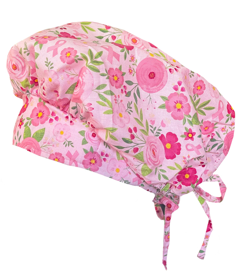 Banded Bouffant Pink Ribbon Breast Cancer Awareness Floral Scrub Cap