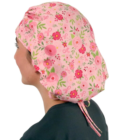 Banded Bouffant Pink Ribbon Breast Cancer Awareness Floral Scrub Cap