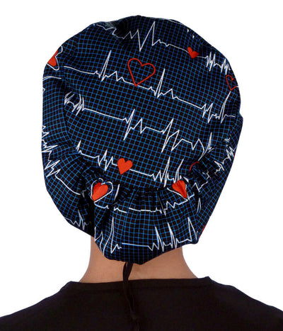 Cord Lock Bouffant Navy Blue Heart Beat EKG Scrub Cap