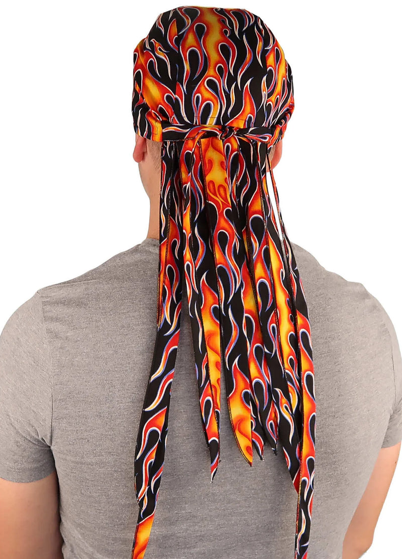 Nomad Red & Orange Flame Skull Cap Hat with Extra Long Tails