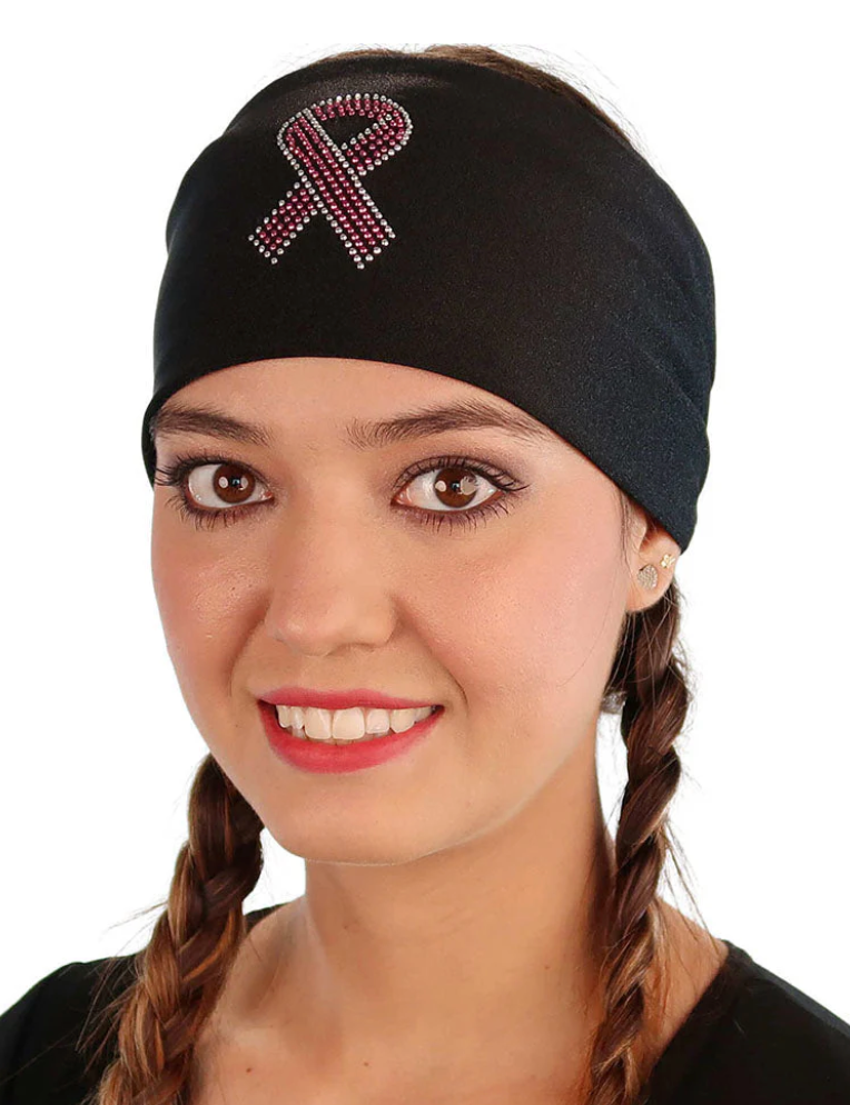 Pink Ribbon Rhinestudded Black Breast Cancer Awareness Stretch Head Band