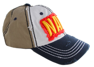 Retro 6 Panel US Navy  Baseball Cap Hat, Tan White