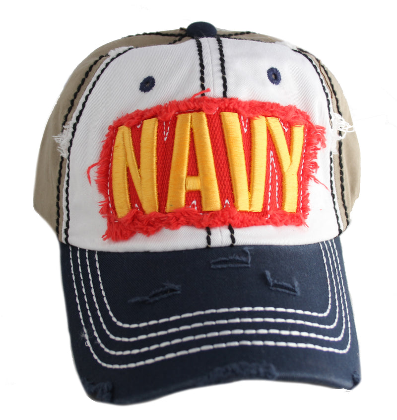Retro 6 Panel US Navy  Baseball Cap Hat, Tan White