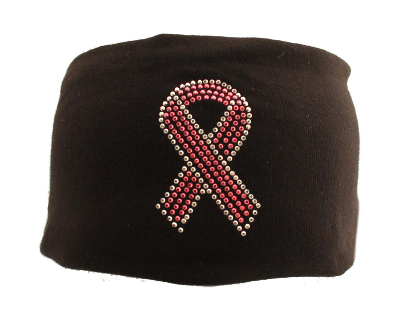 Pink Ribbon Rhinestudded Black Breast Cancer Awareness Stretch Head Band