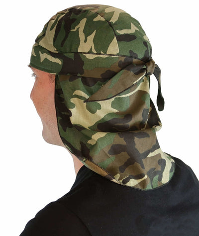 Skull Army Woodland Camo Bandana Hat with Tie & Full Neck Protection