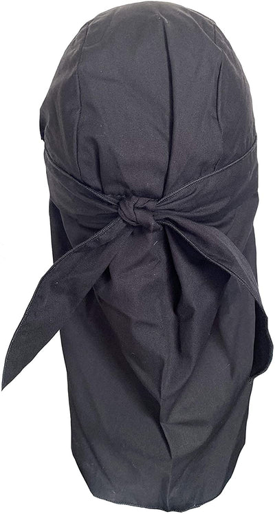 Solid Black Skull Cap Hat Bandana with Tie & Full Neck Protection