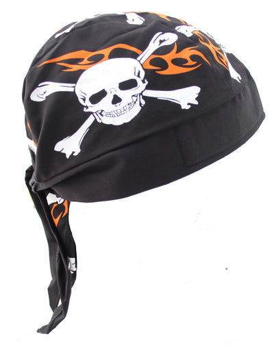 Skull & Cross Bones Flame Orange Black Head Wrap Bandana Skully