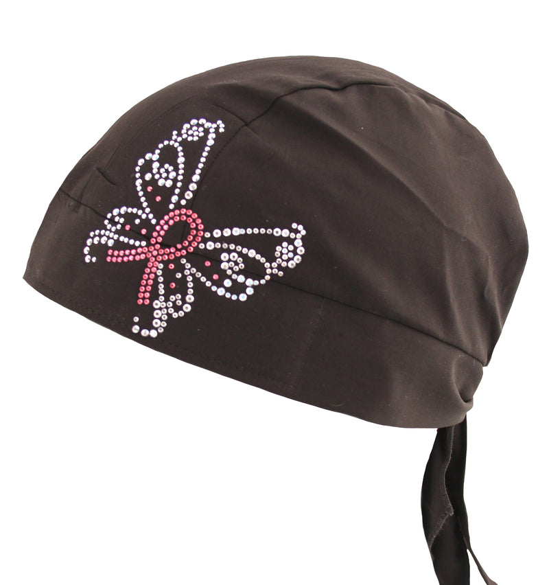 Pink Ribbon Butterfly Black Rhinestudded Breast Cancer Awareness Skull Cap  Headwrap