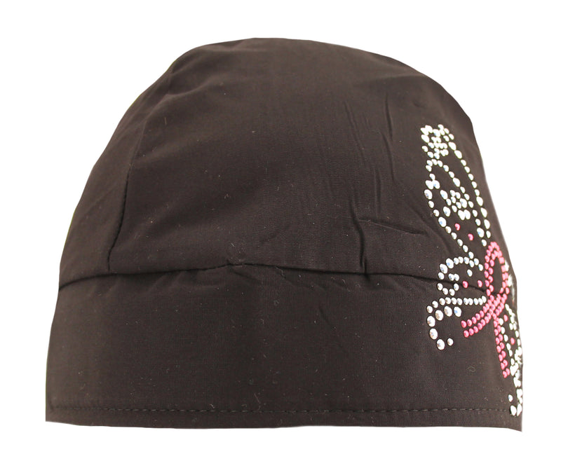 Pink Ribbon Butterfly Black Rhinestudded Breast Cancer Awareness Skull Cap  Headwrap
