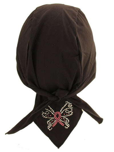 Black Breast Cancer Awareness Pink Ribbon Butterfly Studded Skull Cap