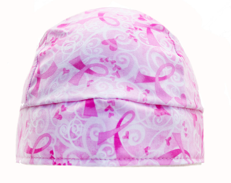 Swirls & Hearts Pink Ribbon Breast Cancer Awareness Skull Cap Headwrap