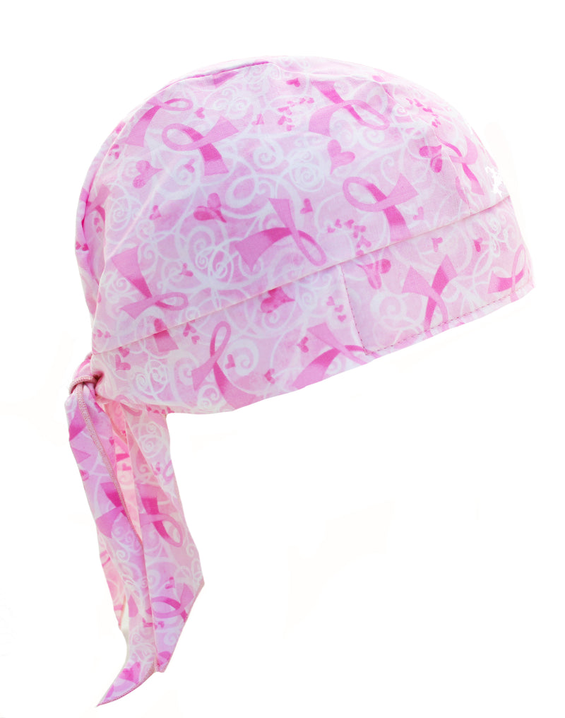 Swirls & Hearts Pink Ribbon Breast Cancer Awareness Skull Cap Headwrap