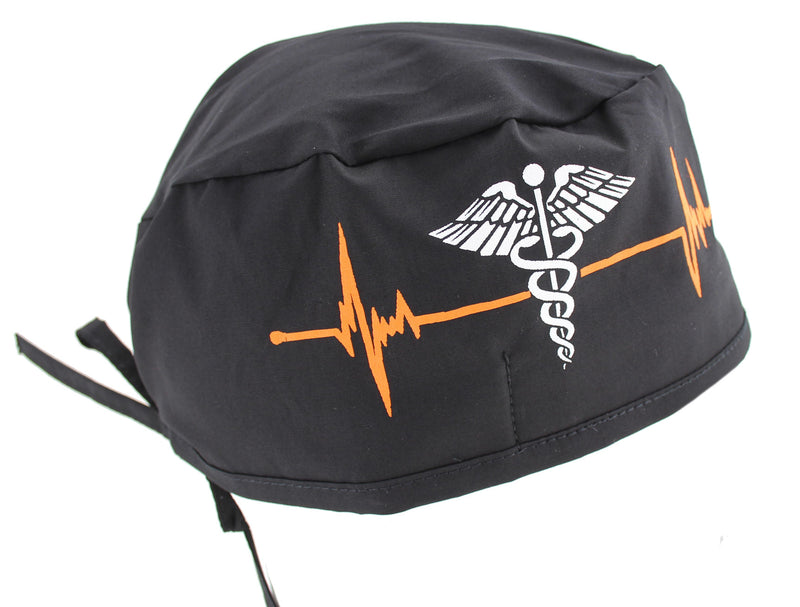 Black Heart Beat EKG & Caduceus Symbol Surgical Scrub Cap Hat