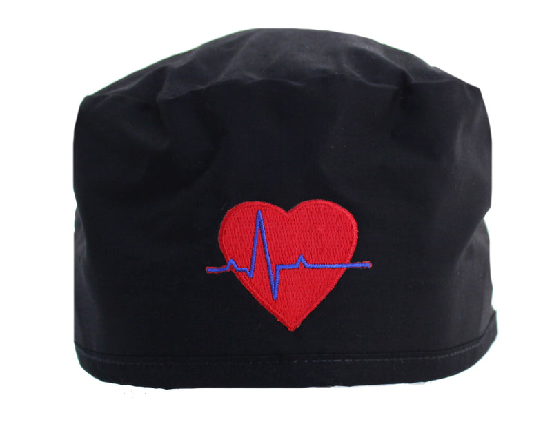 Black Heart Beat EKG Surgical Scrub Cap Hat