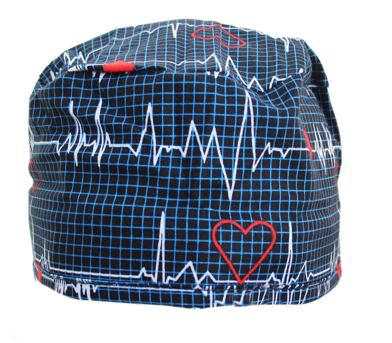 Navy Blue Heart Beat EKG Surgical Scrub Cap