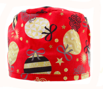Holiday Ornaments Red Gold & Black Scrub Cap Hat