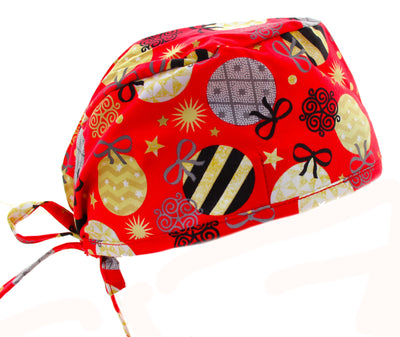 Holiday Ornaments Red Gold & Black Scrub Cap Hat