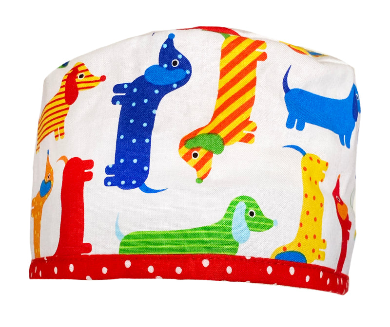 Colorful Weiner Dog Scrub Cap Hat with Polka Dot Tie
