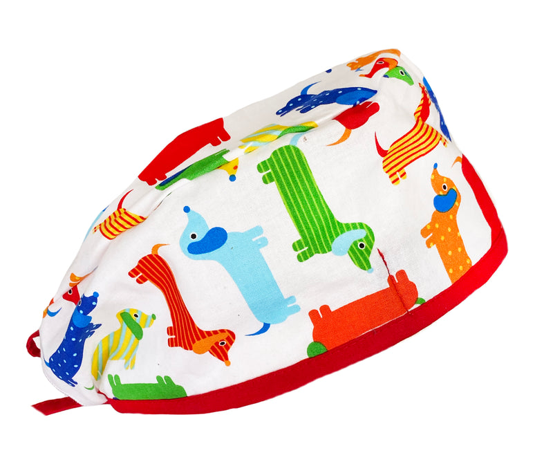 Colorful Weiner Dog Scrub Cap Hat with Red Tie