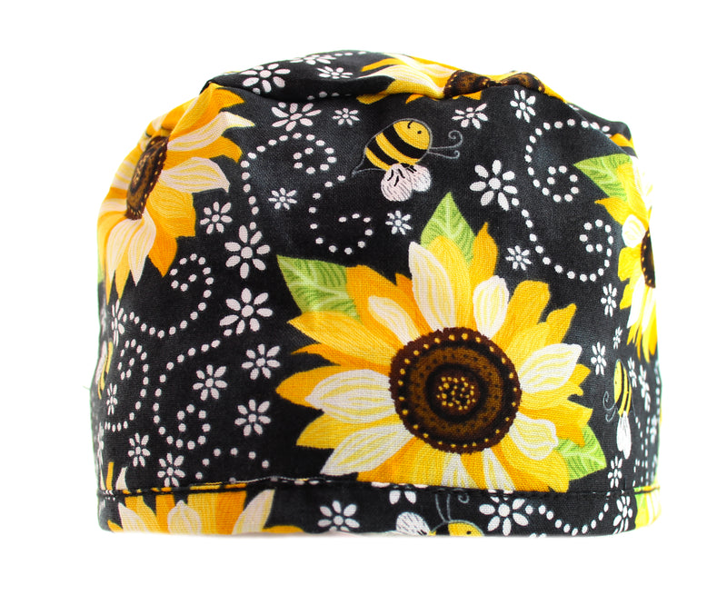 Happy Yellow Sunflower & Bee Scrub Cap Hat