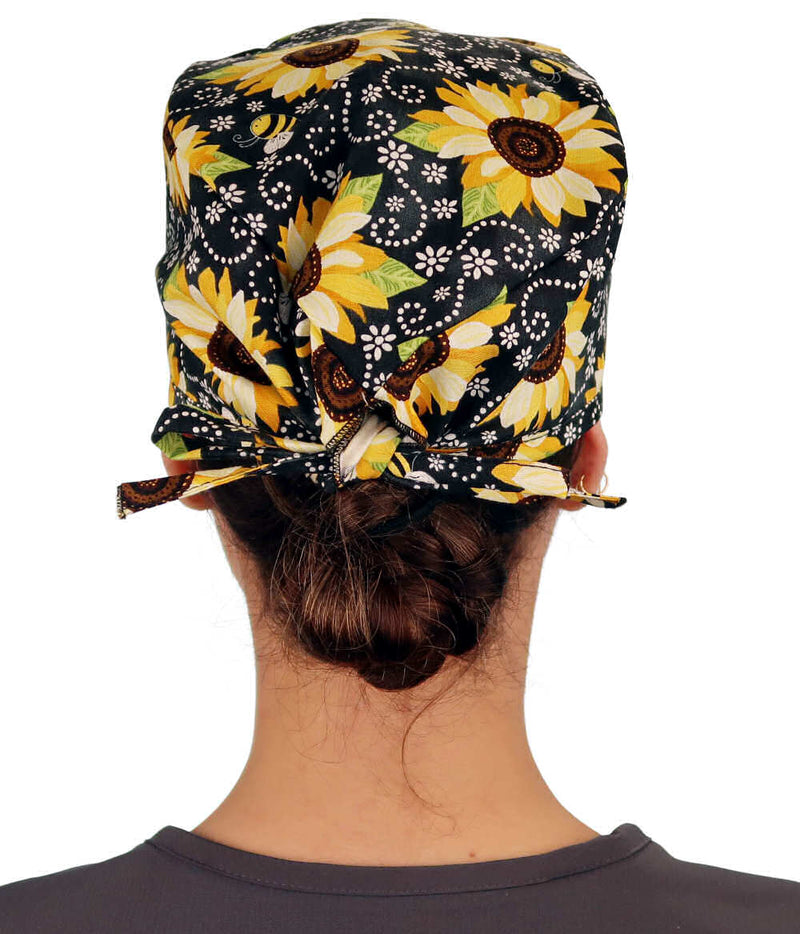Happy Yellow Sunflower & Bee Scrub Cap Hat