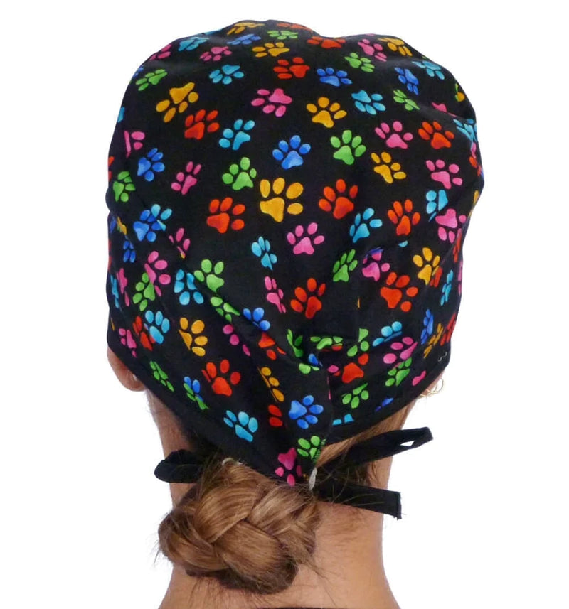 Colorful Little Dog Paw Prints Black Scrub Cap Hat