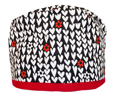 Black & Red Hearts of Love Surgical Scrub Cap Hat