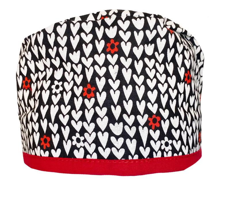 Black & Red Hearts of Love Surgical Scrub Cap Hat