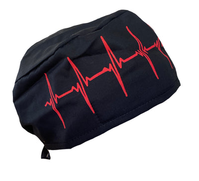 Black Heart Beat Red EKG Surgical Scrub Cap Hat