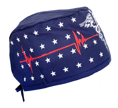 Caduceus Physicians Symbol Navy Blue & Red EKG Scrub Cap Hat