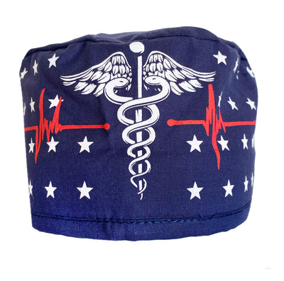 Caduceus Physicians Symbol Navy Blue & Red EKG Scrub Cap Hat
