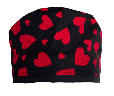 Red Sweet Hearts on Black Scrub Cap Hat