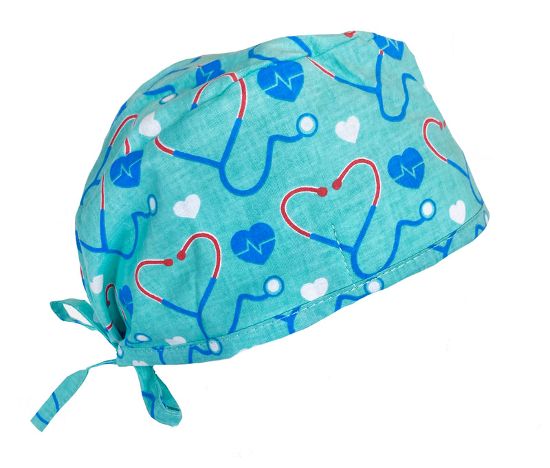 Hospital Green Stethoscope & Hearts Scrub Cap Hat