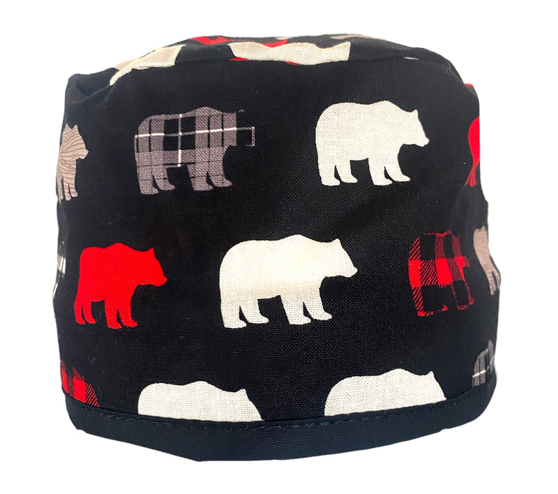 Holiday Red White & Black Bears Plaid Scrub Cap Hat