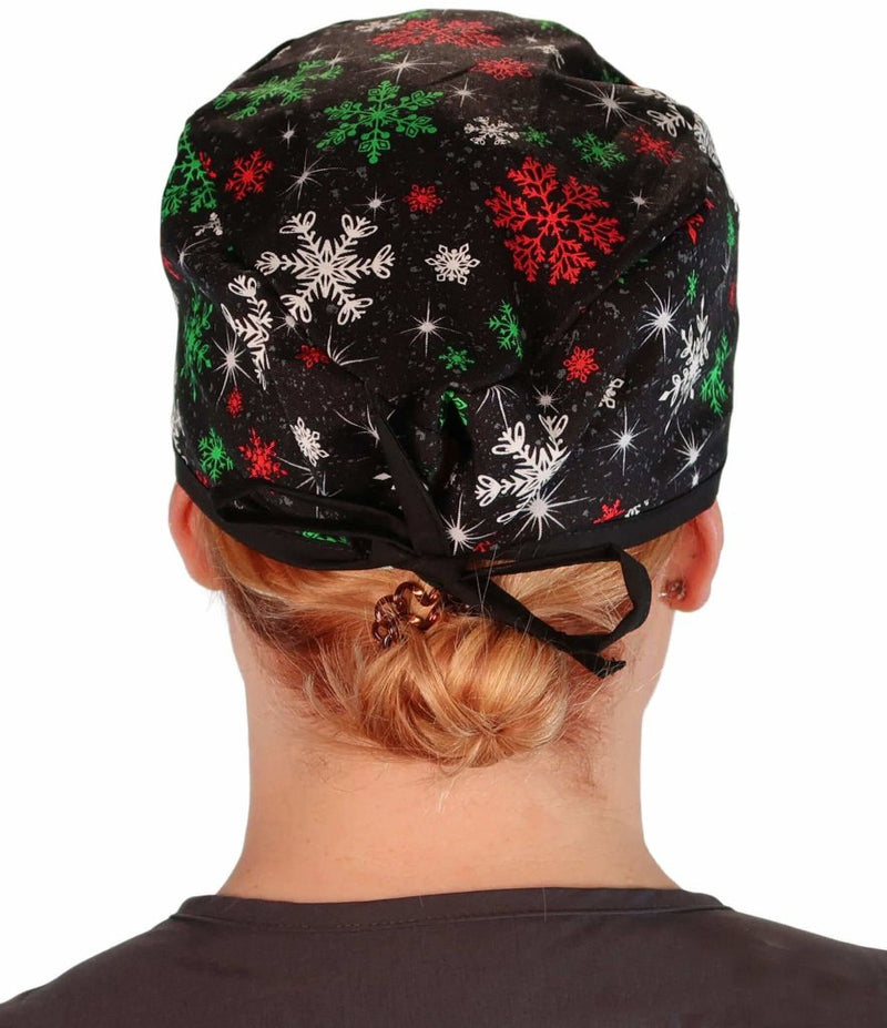 Black Holiday Snowflake Christmas Scrub Cap Hat