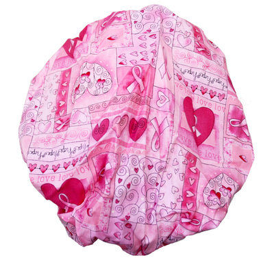 Banded Bouffant Pink Ribbon Breast Cancer Awareness Hearts  Scrub Cap