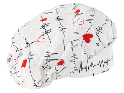 Bouffant White Heart Beat EKG Scrub Cap With Adjustable Tie