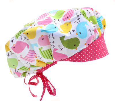 Banded Bouffant Fun Little Birds Pink Polka Dots Scrub Cap Hat