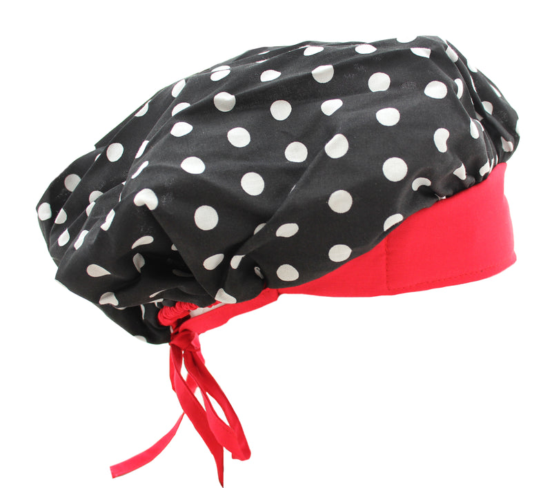 Banded Bouffant Polka Dot Black & Red Scrub Cap Hat