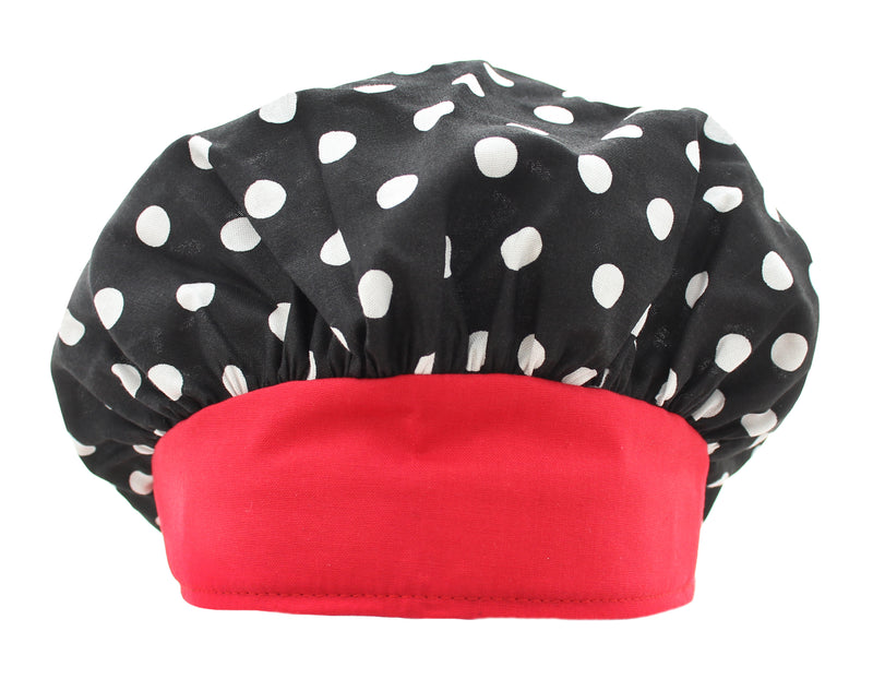 Banded Bouffant Polka Dot Black & Red Scrub Cap Hat