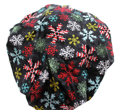Bouffant Holiday Snowflake Red Green White & Black Scrub Cap Hat