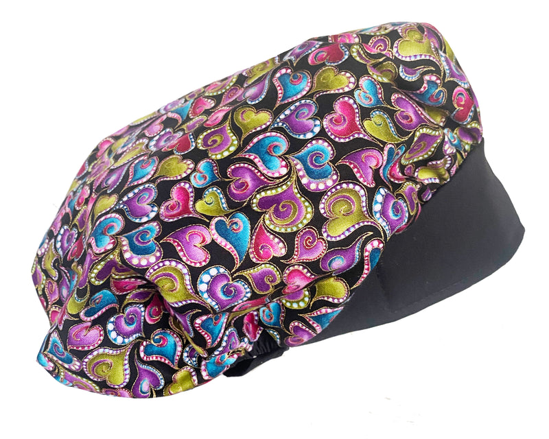 Banded Bouffant Swirly Metallic Hearts Scrub Cap Hat