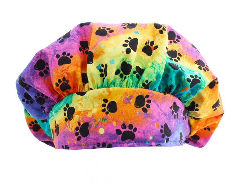 Rainbow Dog Paw Prints Tie Dye Bouffant Scrub Cap