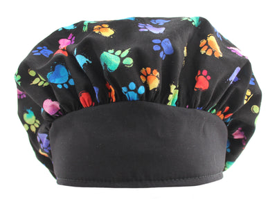 Rainbow Dog Paw Prints Black Bouffant Scrub Cap Hat