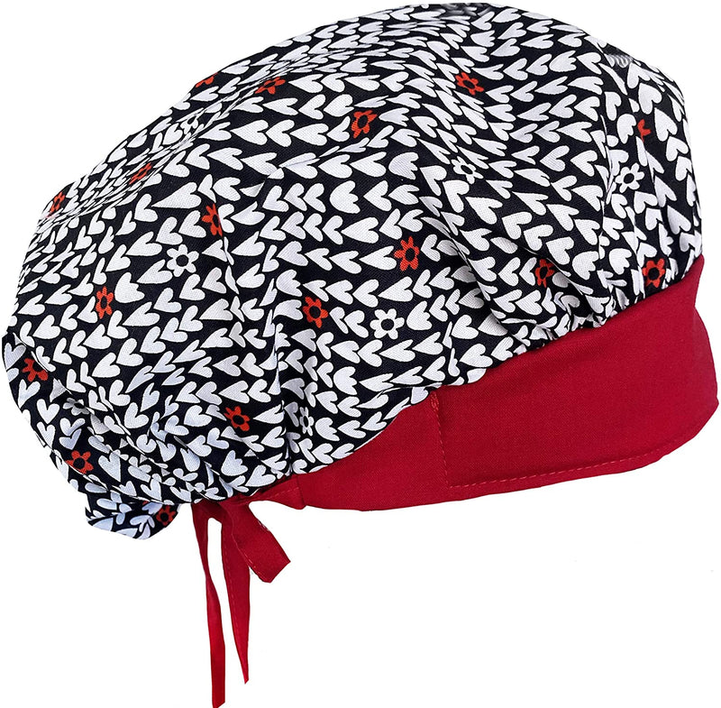 Banded Bouffant Black & Red Hearts of Love Scrub Cap Hat